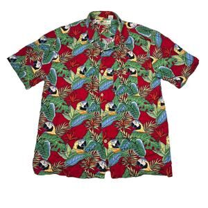 Joe Marlin Hawaiian AOP Parrot Palms Comfort Fit Casual Camp Shirt Red Mens XL